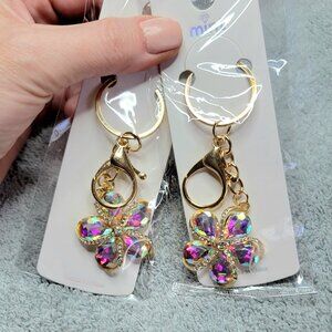 2 Rhinestone Plumeria Flower Keychains / Bag Charms ~ All NEW